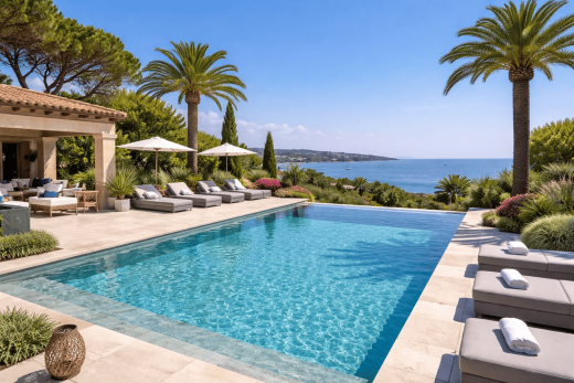 Bassins étanchéifiés, aménagement extérieur soigné, terrasse avec jardin et vue mer, qualité garantie.