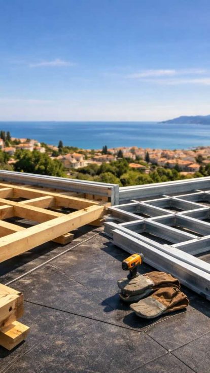 Travaux sur toit, vue mer, matériel charpente et outillage maîtrisé, zéro sinistre, patron expérimenté.