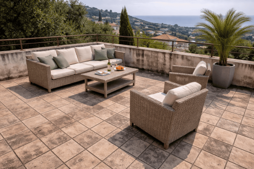 Terrasse carrelée vue mer, mobilier détente, idéale après intervention toiture sans sous-traitance.