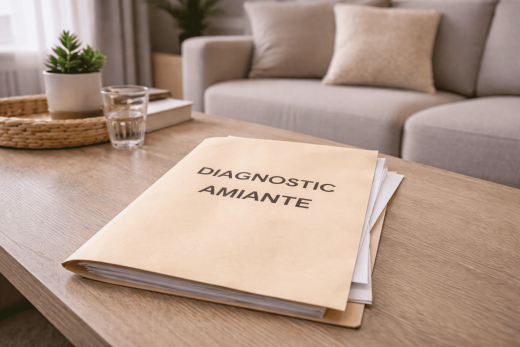Dossier "Diagnostic Amiante Le Cannet" posé sur table basse avec carnet, eau et plante, ambiance conviviale.