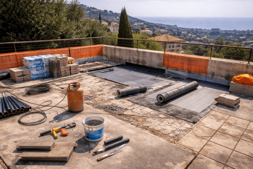 Toiture en travaux, membrane et outils, vue mer ; intervention directe du patron Rina Étanchéité.