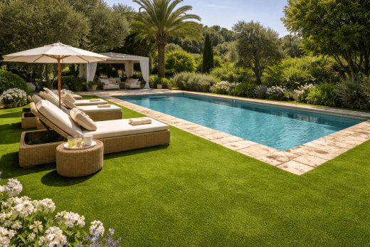 Piscine extérieure avec bains de soleil, parasol blanc, coin détente, parfaite pour une terrasse étanche.