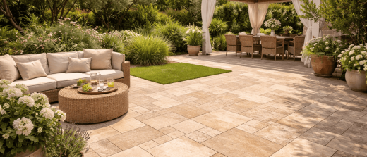 Terrasse en pierre spacieuse, mobilier extérieur, plantes et espace couvert, sans sous-traitance depuis 2016.