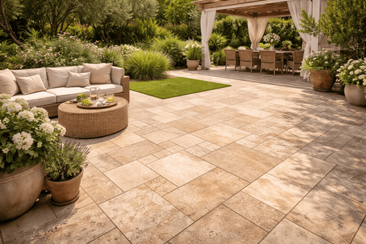 Terrasse en pierre spacieuse, mobilier extérieur, plantes et espace couvert, sans sous-traitance depuis 2016.