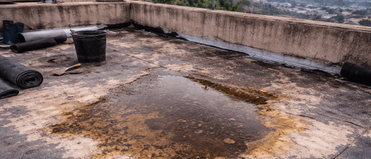 Rina Étanchéité répare un toit plat usé, eau stagnante, matériel sur place, zéro sous-traitance.