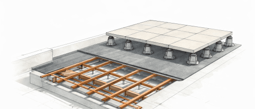 Coupe technique : dalle sur plots, ossature bois, dalle béton, solution fiable charpente à Le Cannet.